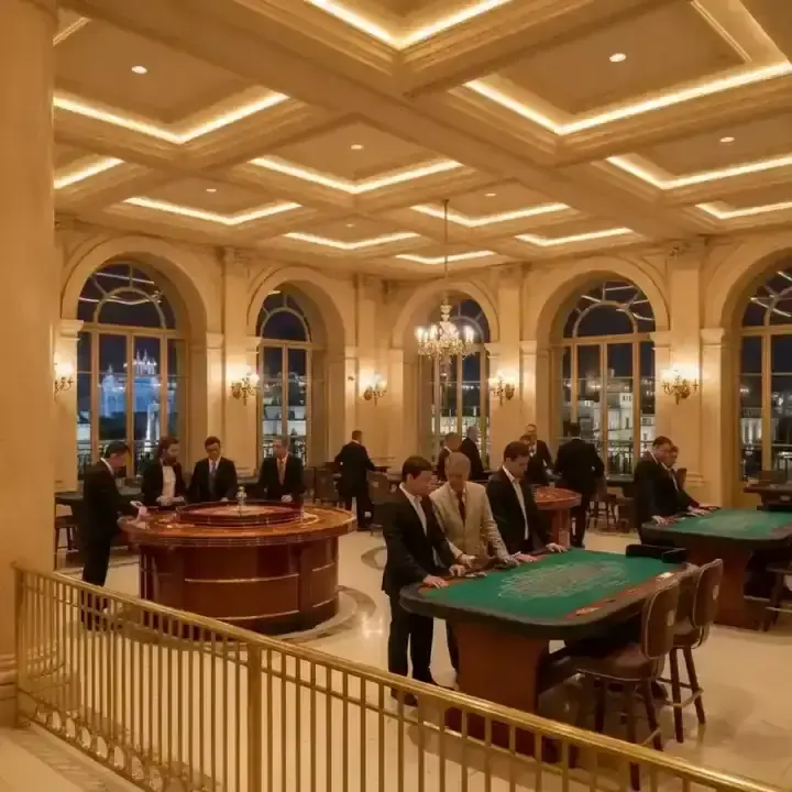 Salão principal do casino com mesas de jogo e iluminação elegante
