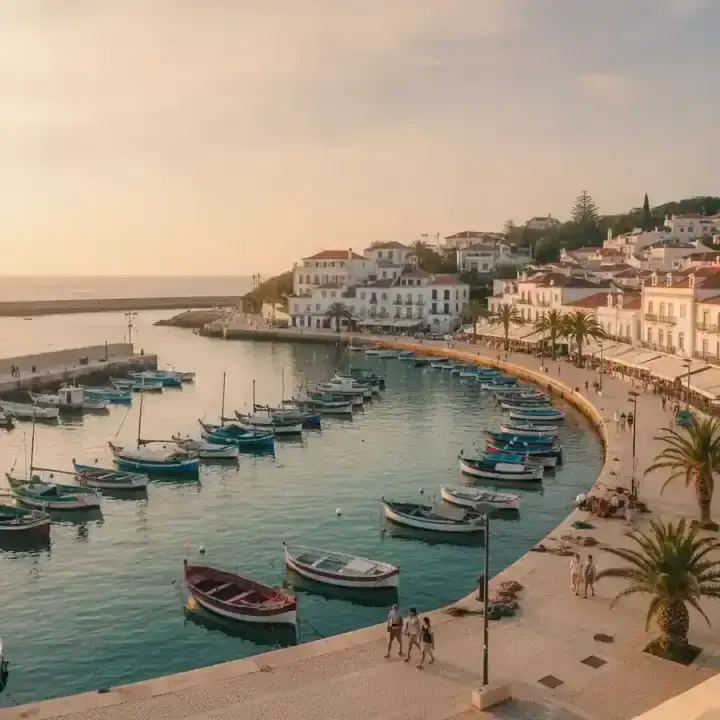 Marina histórica de Cascais com edifícios brancos e barcos de pesca