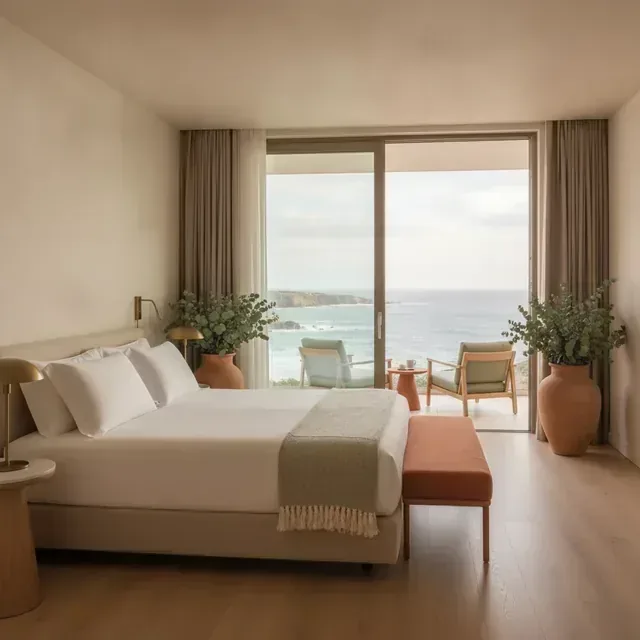 Suite de luxo com sala de estar e vista mar